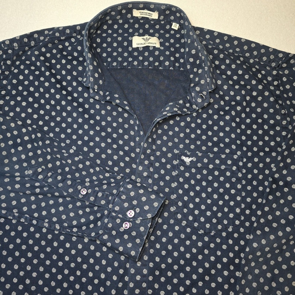 Giorgio Armani‎ Mens Navy Geometric Medallion Print Button Down Shirt 2XL 17.5